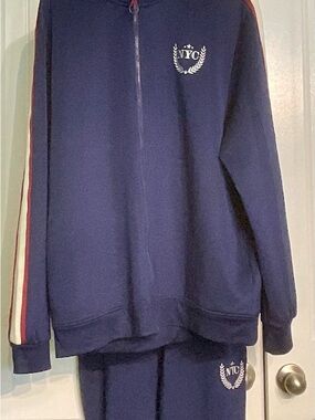 Primark Navy Half-Zip Sweater with Red and White Sleeve Stripes